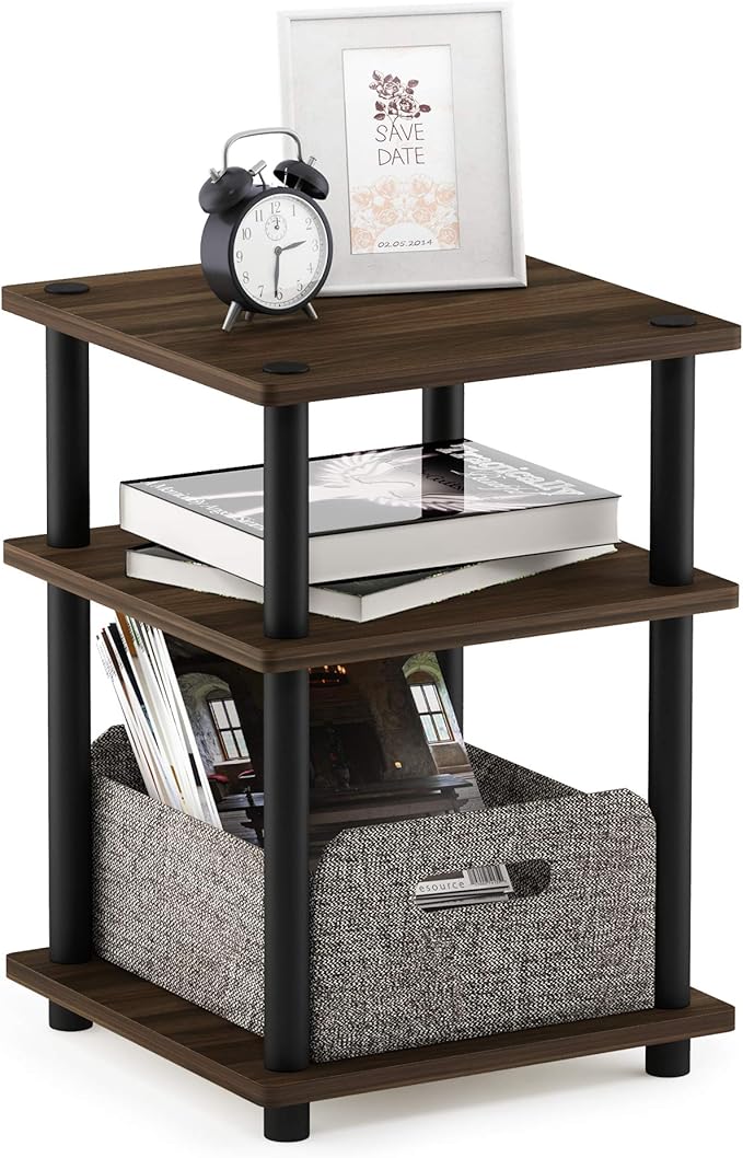 Furinno TURN-N-TUBE Side Table, 3-Tier End Table, Open Shelves Nightstand, Night Stand, Bedside Table, Easy Assembly, for Living Room, Bedroom, Columbia Walnut