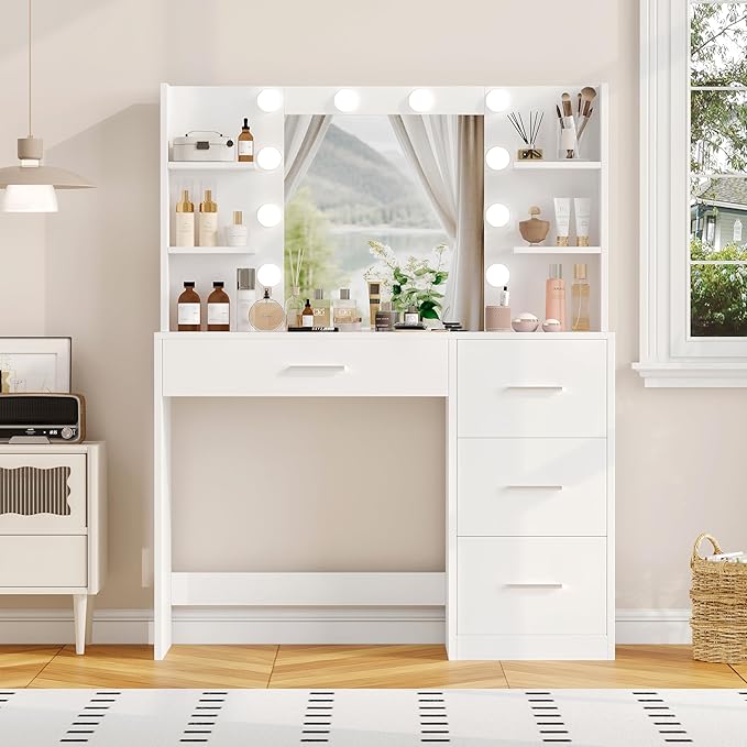 Irontar Vanity Desk, Makeup Vanity with 10 LED Lights & 4 Drawers, Brightness Adjustable, Dressing Table with 6 Open Storage, Makeup Table for Women, White WDT003W