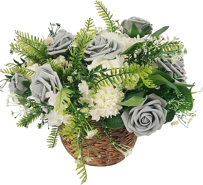 Grey Roses Artificial Flowers 25 PCS, Fake Rose Flower Heads Flowers with Stem for DIY Bouquets Wedding Decorations Centerpieces Arrangements Party Home Decor