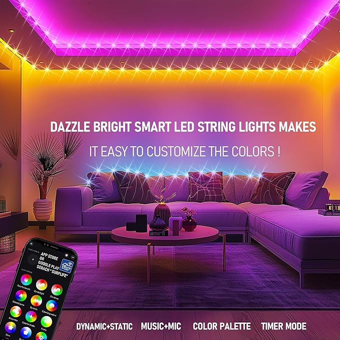 Dazzle Bright Smart Color Changing Christmas Lights, 66FT 200 LED RGB String Lights with Remote & App Controlled, Halloween Decorations for Indoor Outdoor Holiday Xmas Tree Party Decor