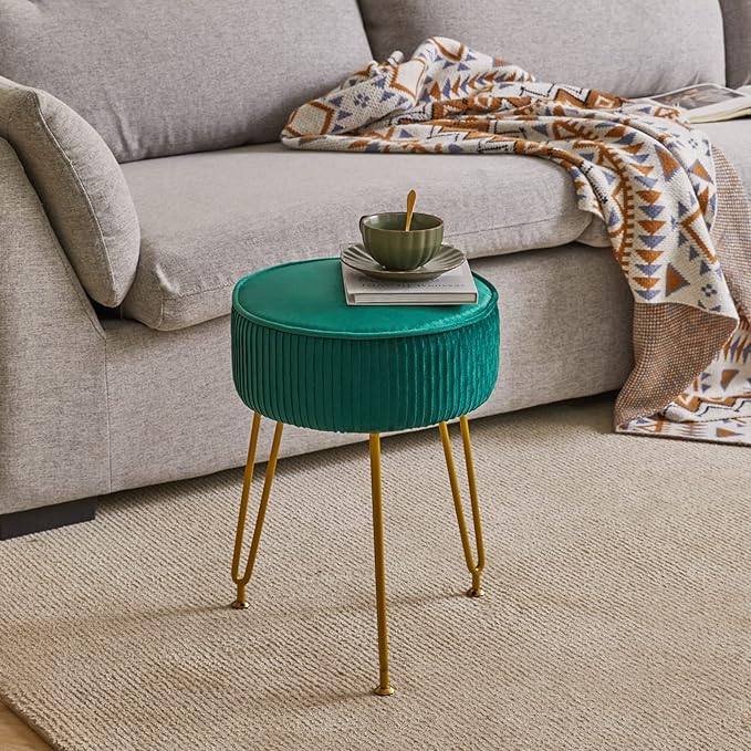 IBUYKE Velvet Round Footrest Stool Ottoman, Makeup Vanity Stool Side Table, Velvet Dressing Table Seat, Pouf Couch Stool, Golden Steel Legs, Green LG-30L