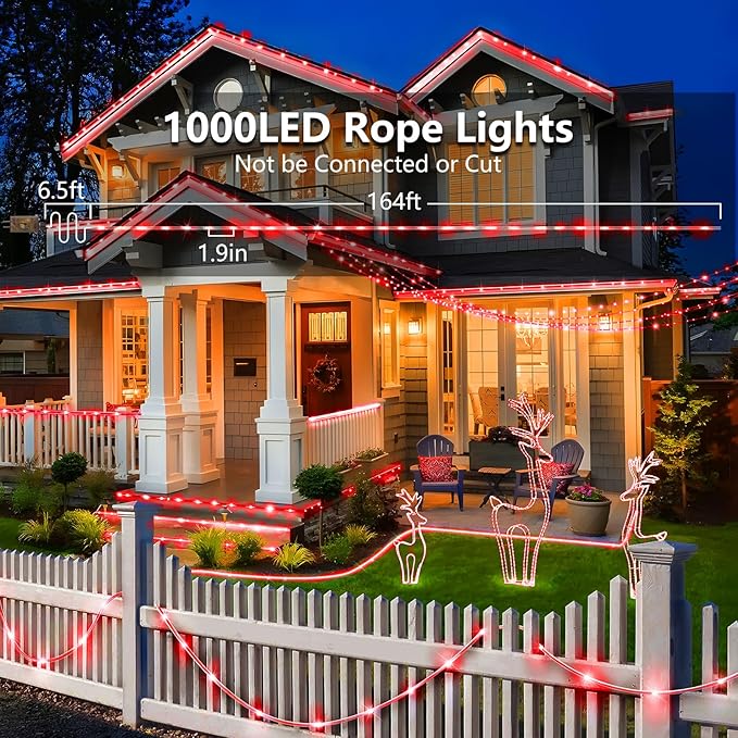 KNONEW 164FT 1000LED Rope Lights for Outside,Outdoor String Lights Waterproof 8 Modes Clear Tube Light for Indoor,Bedroom,Wedding,Garden,Patio,Christmas,Tree,Rv,Holiday Decoration(Red)