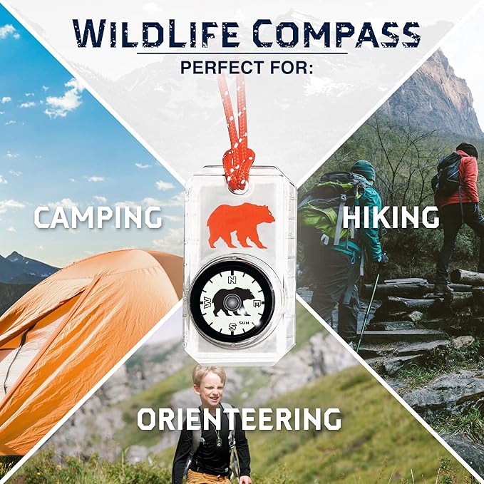 Big Discoveries Wildlife Compass for Kids - Children's Compasses for Camping, Hiking, and Exploring | Break-Away Neon Lanyard