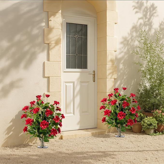 Artificial Camellia Tree 2 Pack with Spike, Artificial Plants Outdoor Faux Floral Plant in Cement Pot Fake Silk Camellia Tree Plants for Home House Living Room Office Decor