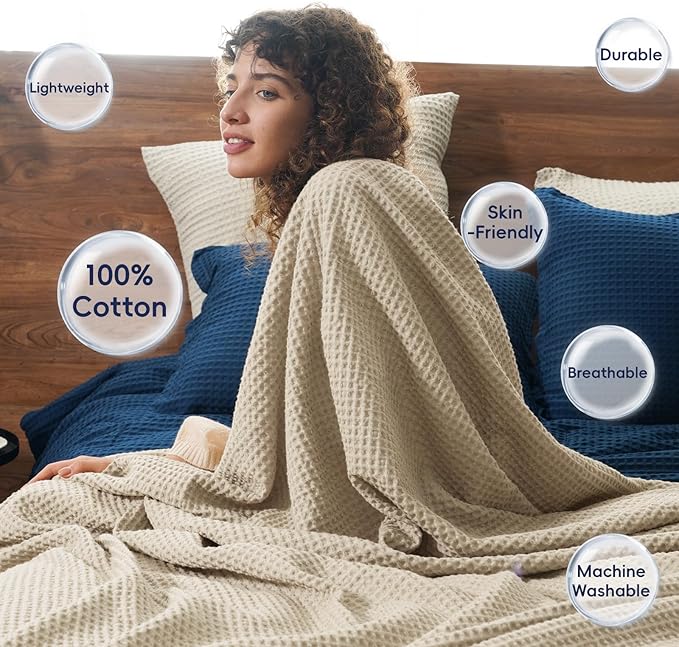 PHF 100% Cotton Waffle Weave Throw Blanket，Pre-Washed Snag Proof Lightweight Breathable Moisture-Wicking for Layering in Cold Weather for Couch Bed,Machine Washable,Home Decor Gift-Khaki/Simply Taupe