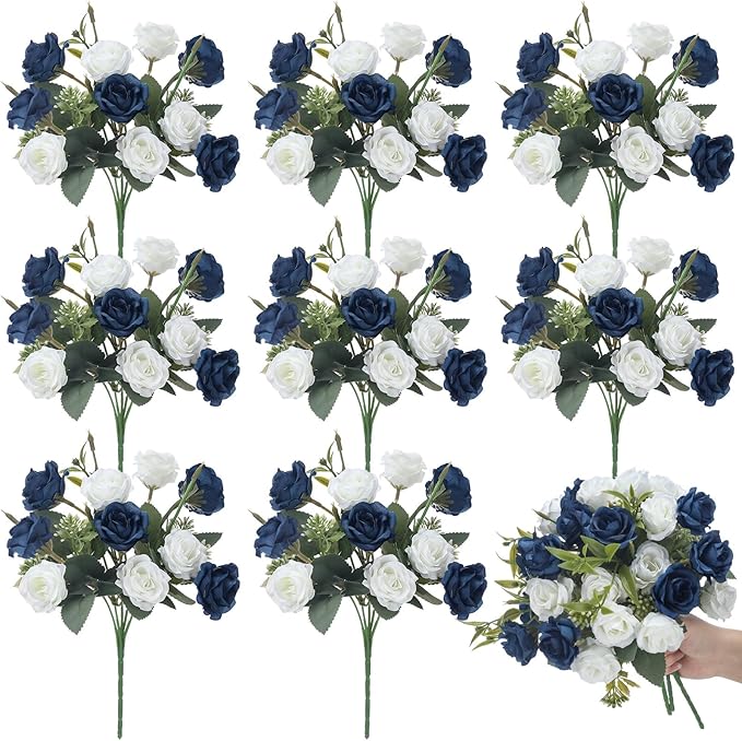 Zeyune 8 Pack 12 Inch Wedding Bouquets for Bride Bridesmaid Dark Blue and White Artificial Rose Bouquet Fake Silk Roses Flowers Bunches Bulk for Home Office Garden Parties Decoration