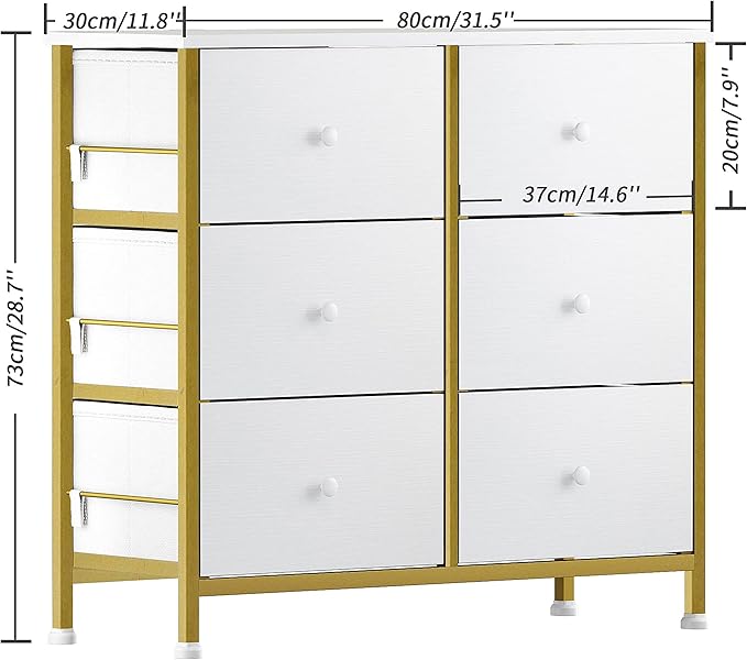 BOLUO White Dresser for Bedroom 6 Drawer Small Dresser Organizers Fabric Storage Chest Tower Dressers Unit for Closet Nursery Hallway Office, Kids and Adult Modern Gold