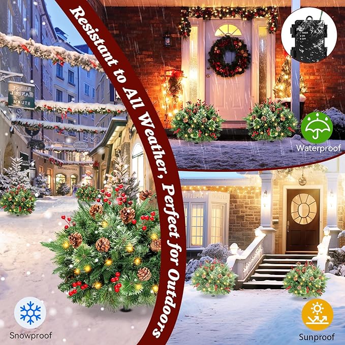 Lewondr Set of 2 Prelit Pathway Christmas Trees, 20.87" Outdoor Christmas Tree with 50 LED Lights, Pine Cones Red Berries, Battery Operated Outdoor Xmas Decor for Yard Home Porch