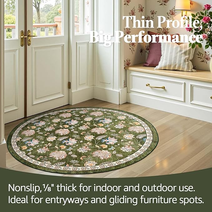 jinchan 4ft Floral Round Rug for Entryway Washable Kitchen Rug Vintage Romance Design Non Slip Indoor Doormat Lightweight Low-Profile Throw Carpet for Living Room Dining Room Bedroom, Green