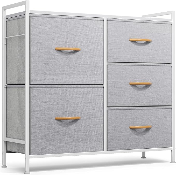 ROMOON Dresser for Bedroom, Storage and Organizers for Closet with 5 Drawers, Small Fabric Dresser and Chests of Drawers for Kids Bedroom, Nursery, Living Room, Hallway (Grey)