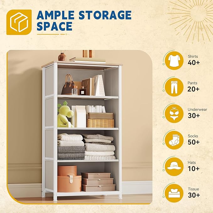 DWVO Storage Tower with 4 Drawers - Fabric Dresser, Organizer Unit for Bedroom, Living Room, Closets - Sturdy Steel Frame, Easy Pull Fabric Bins & Wooden Top (Cream White)