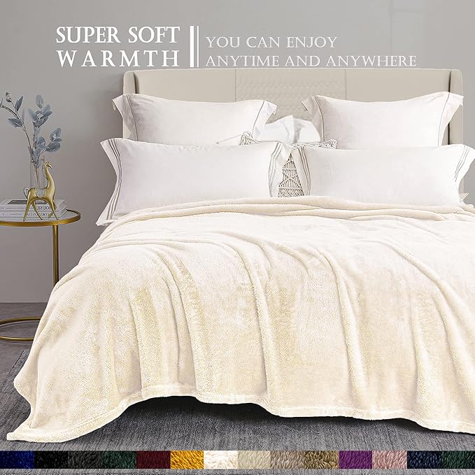 Exclusivo Mezcla Plush Fuzzy Fleece Bed Blanket Queen Size, Super Soft, Fluffy and Warm Blankets Suitable for All Seasons (Ivory, 90x90 Inches)