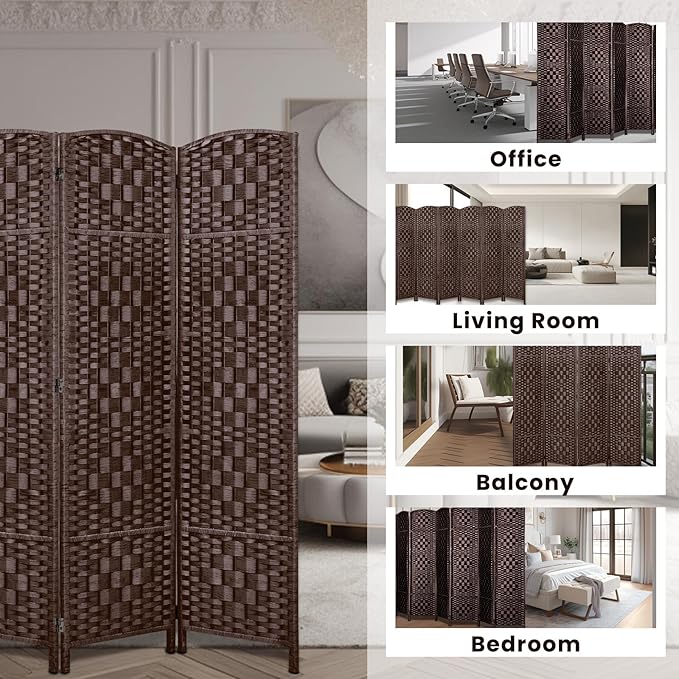 Rose Home Fashion Room Divider, 6 ft Tall Room Dividers and Folding Privacy Screens, 16in Privacy Screen 6 Panel Brown Space Temporary Wall Foldable Partition Separation