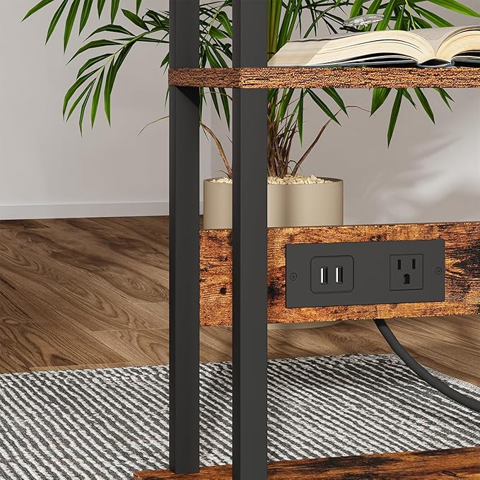 Narrow Side Table with Charging Station, 2 Set Skinny End Tables for Small Spaces, Sofa Beside-Table with Storage Shelf, Slim Nightstand with USB Ports Outlet, Couch Tables Rustic Brown UTBT003F2