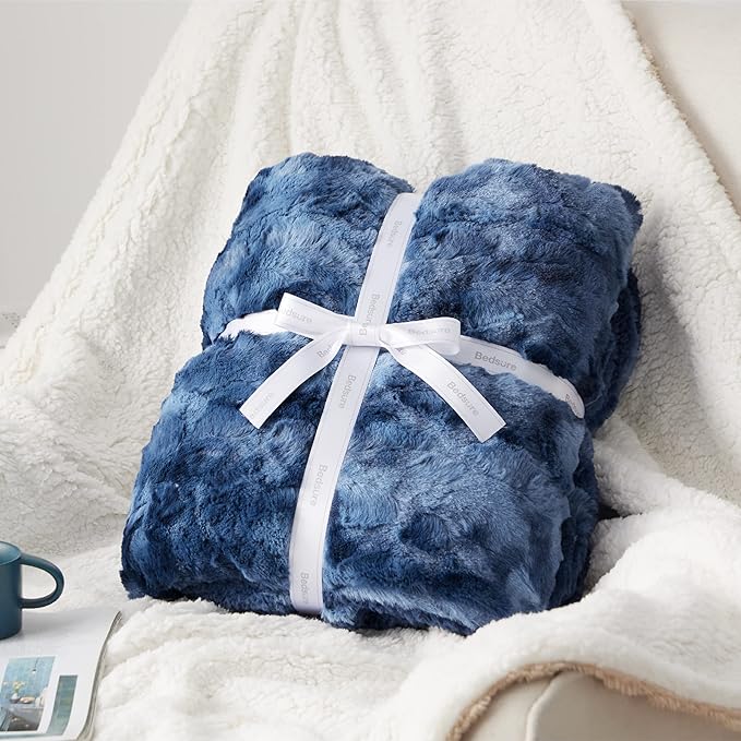 Bedsure GentleSoft Sherpa Fluffy Throw Blanket - Fleece Warm and Cozy Throw for Women Gift, Plush & Fuzzy Faux Christmas Fur Blanket for Couch, Sofa, Bed Decor, Tie Dye Design, Indigo, 50x60 Inches