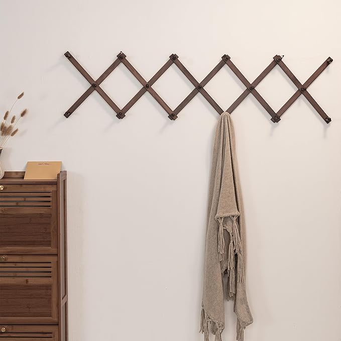 SKOLOO Hat Rack for Wall with 17 Hooks, Solid Wooden, Modern, Expandable Coat Rack Wall Mount for Coats, Hats, Bags, Baseball Caps, Walnut Color