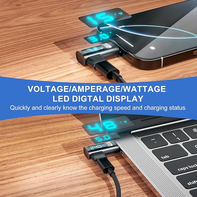 Digital Display USB C Magnetic Adapter Right Angle PD240W 24Pin(2 Pack)Voltage Current Power LED Display, Type C Power Meter Tester 90 Degree USBC 4 40Gbps 8K 60Hz for Thunderbolt 3/4, MacBook Pro/Air