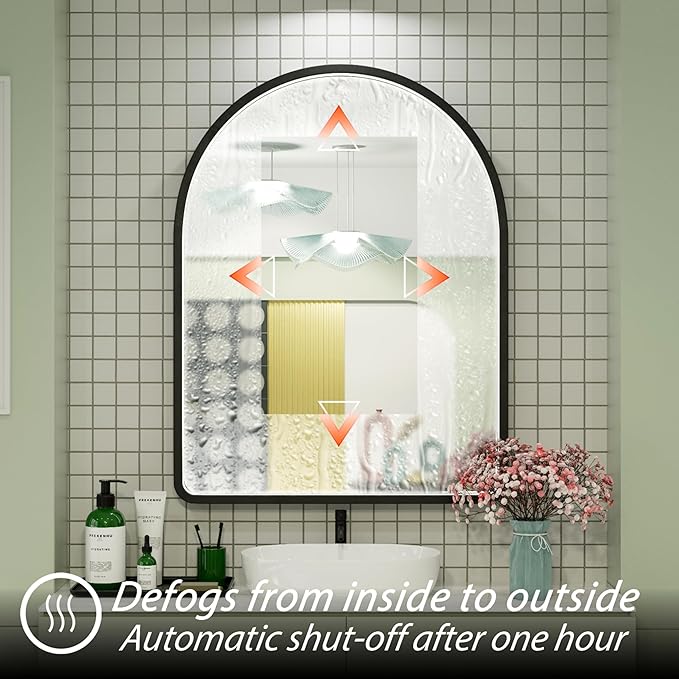 40x30 Inch LED Bathroom Mirror with Lights, Adjustable 3000K/4500K/6000K, Arched Black Frame Lighted Bathroom Vanity Mirror, Anti-Fog, Dimmable, Wall Mounted
