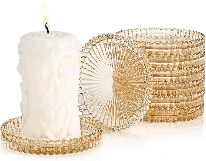 Glass Candle Holders, GOH DODD Set of 8 Crystal Pillar Plates Modern Coasters for Drinks, Centerpiece, Home Decor, Kitchen, Living Room, Patio, Wedding, Halloween, Christmas, Party, Amber