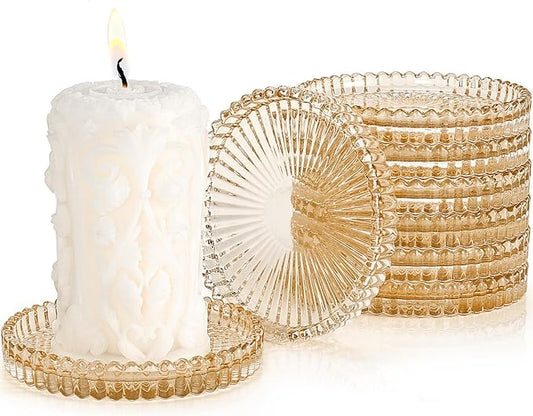 Glass Candle Holders, GOH DODD Set of 8 Crystal Pillar Plates Modern Coasters for Drinks, Centerpiece, Home Decor, Kitchen, Living Room, Patio, Wedding, Halloween, Christmas, Party, Amber