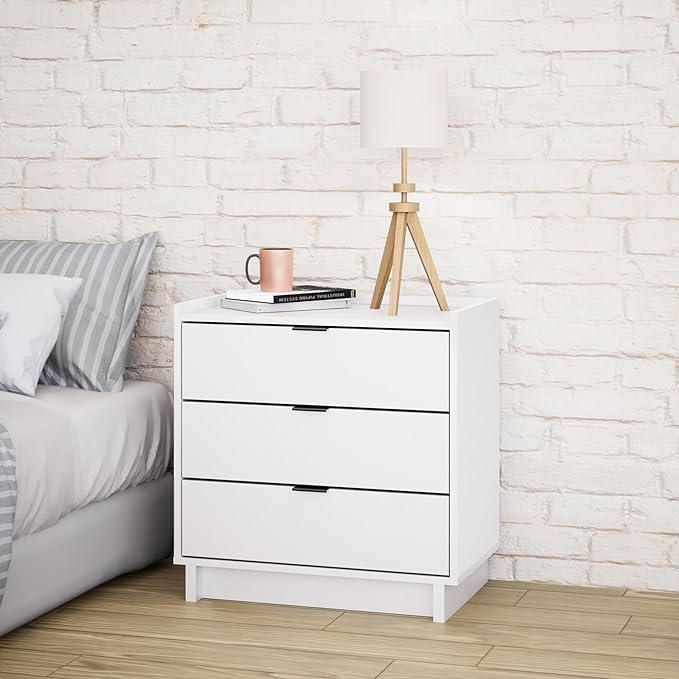 Prepac Simply Modern Nightstand Bedside Table, White Nightstand for Bedroom, End Table with 3 Drawers 26.5" W x 26.75" H x 16" D