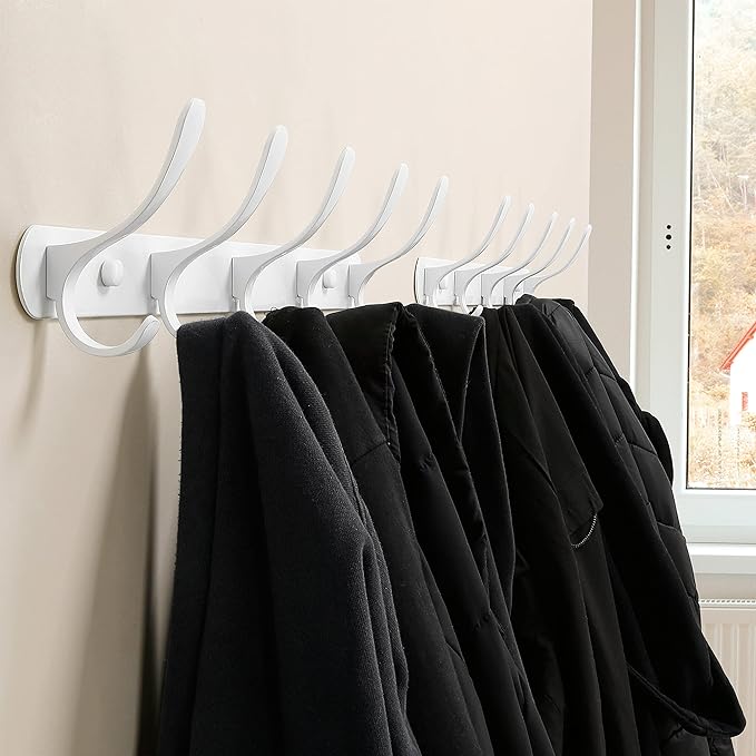 SKOLOO Coat Rack Wall Mount - Modern, Metal Wall Coat Rack with 5 Hooks, Sturdy Wall Hook Rack Rail for Hanging Coat, Jacket, Clothes, Hat, White