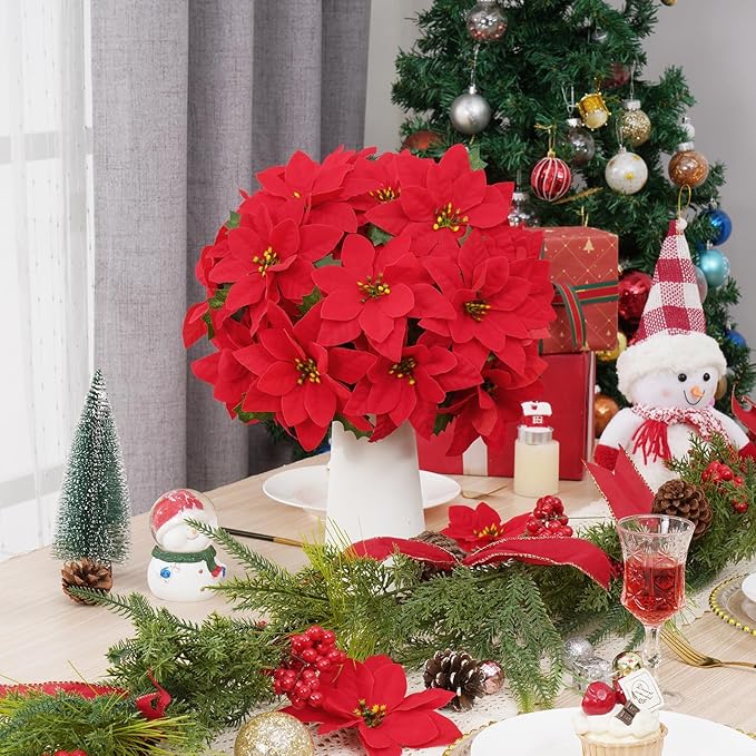 16 Pack Poinsettia Flowers Artificial Christmas Decorations, Red Poinsettia Flowers for Christmas Tree, Velvet Poinsettias Artificial Flowers for Xmas Decor DIY for Home Vase Indoor Outdoor Garden