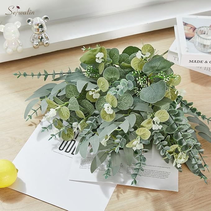 Serwalin 100pcs Artificial Mixed Eucalyptus Stems Leaveas Bulk, 4Kinds Fake Grennery Silver Dollar Eucalyptus Leaves Picks,Faux Greenry Stems Sprays for DIY Bouquets Floral Arrangement Home Decor