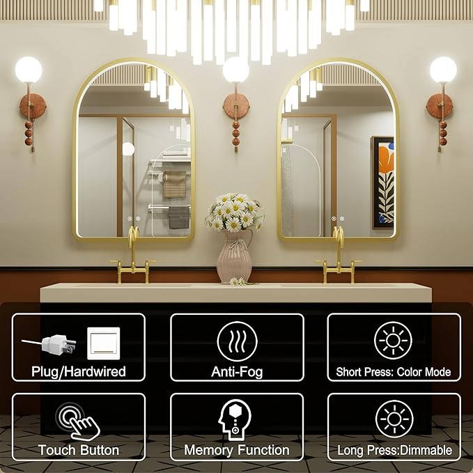 24x36 Inch Arched Gold LED Mirror for Bathroom, Adjustable 3000K/4500K/6000K, Wall Mounted Framed Lighted Bathroom Vanity Mirror with Lights, Anti-Fog, Dimmable, Memory Function