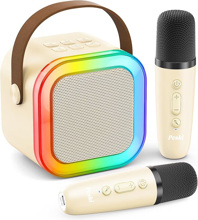 Mini Karaoke Machine for Kids Adults, Kids Toys Karaoke Microphone Singing Speaker, Karaoke Player with 2 Wireless Mic Party, Birthday Gifts for Girls Ages 4, 5, 6, 7, 8, 9, 10, 12+ Years Old(Beige)