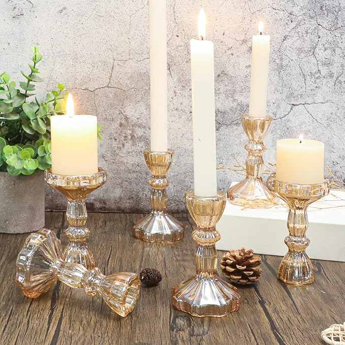 Gold Glass Candlestick Set of 6 Clear Crystal Glass Candle Holders Taper Holder Decor for Wedding Birthday Party