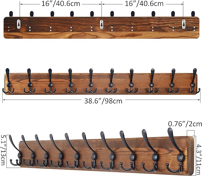 SKOLOO Rustic Large Coat Rack Wall Mount-38.6'' Long Coat Rack for Wall, Wood Coat Rack Hook, Farmhouse Coat Hanger Wall Mount for Hanging Jacket Coat