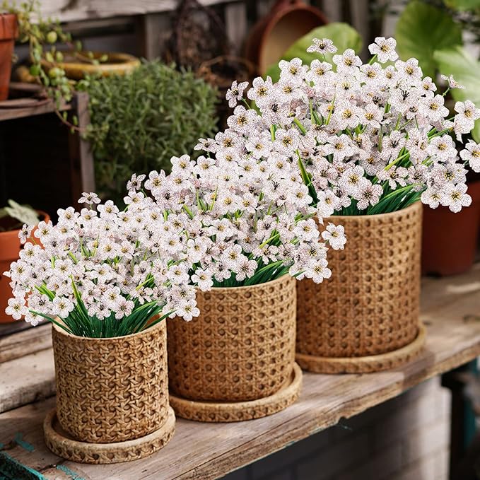 Lnoicy 24 Pcs Artificial Flowers for Outdoor,Plastic Flowers Decoration, UV Resistant Faux Flowers Shrubs, Artificial Plants for Indoor Outside Garden Home Wedding Farmhouse(White)