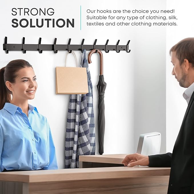 Matte Black Coat Rack Wall Mount – 30 Inch Stainless Steel Hook Rail with 10 Double Coat Hooks – Wall Mounted Entryway Organizer for Coats, Hats, Bags, Towels, Robes, Closet or Bathroom - 2 Pack