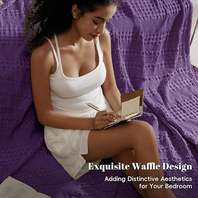 PHF 100% Cotton Waffle Weave Blanket Queen Size for Bed, Soft Lightweight & Breathable, All-Season Comfort, Luxury Aesthetic Woven Bedding for Home Decor, 90"x90", Grape Purple