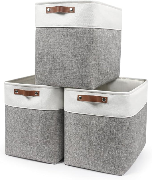 Large Fabric Storage Baskets | 50L Storage Bins, Decorative Linen Closet Baskets with Handles for Organizing, Shelf, Toys, Clothes, Home, Office, Nursery, 17x12x15Inches (Grey&White)