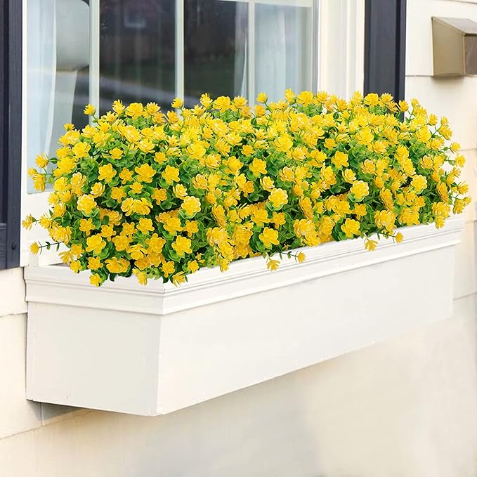 GREENRAIN Artificial Flowers Outdoor Fake Flowers for Decoration UV Resistant No Fade Faux Plastic Plants Garden Porch Window Box Décor (6 Bundles, 2#Yellow)