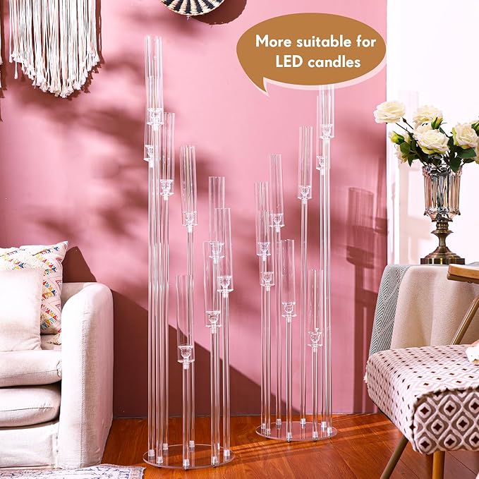 Vesici 2 Pcs 8 Arm Acrylic Candelabra Centerpieces for Tables 49.6 x 11 Inch Candlesticks Holder Clear Acrylic Candle Holder for Wedding Ceremony Floor Home Dinner Party, Fit 0.8" LED Candle