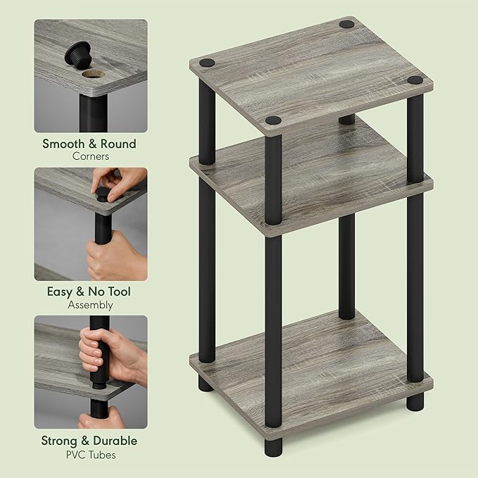 Furinno Just 3-Tier Turn-N-Tube End Table / Side Table / Night Stand / Bedside Table with Plastic Poles, 2-Pack, French Oak Grey/Black