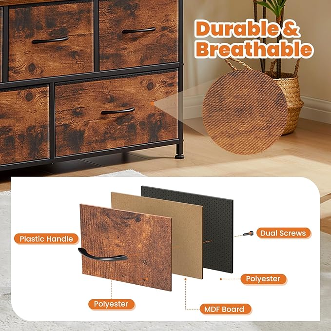 Sweetcrispy Dresser for Bedroom with 5 Storage Drawers, Fabric Storage Tower Organizer, Chest of Drawers with Metal Frame Wooden Top for Closet, Living Room, Entryway, Rust Brown