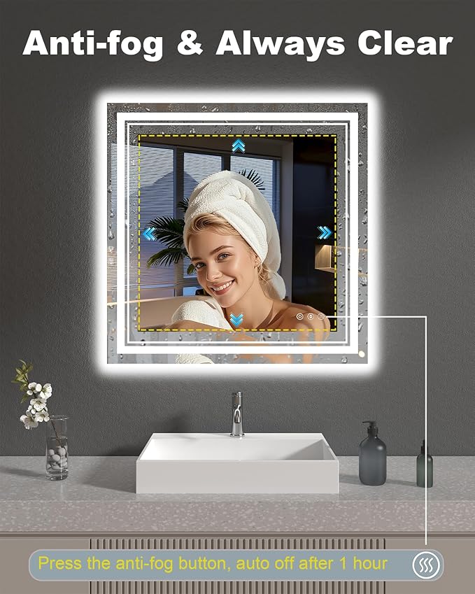 36x36 Inch LED Bathroom Mirror with Lights, Square Lighted Vanity Mirror for Bathroom Wall Mounted with Ample Illumination of 1 Backlit + 2 Front Lits, Defogging, Stepless Dimmable, Tempered Glass