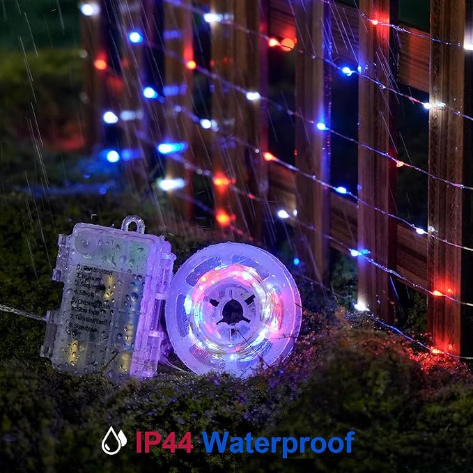 JMEXSUSS 2 Pack Red White and Blue Fairy Lights Battery Operated, Total 200 LED 66ft Battery Powered Twinkle Light with Remote, 8 Modes Red White and Blue String Lights for 4th of July Decorations