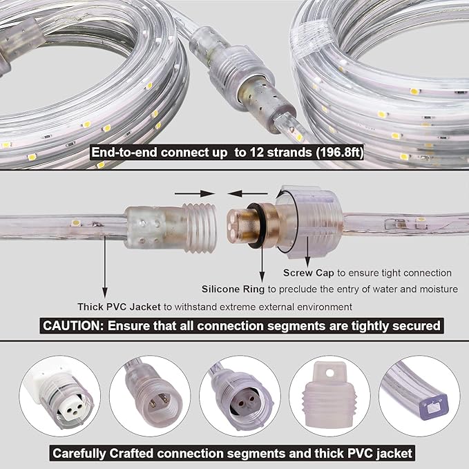 LED Rope Lights, 16.4ft Waterproof Strip Light, 3000K Soft White, Flexible Indoor Outdoor Decorative Lighting for Home Christmas Holiday Garden Patio Party