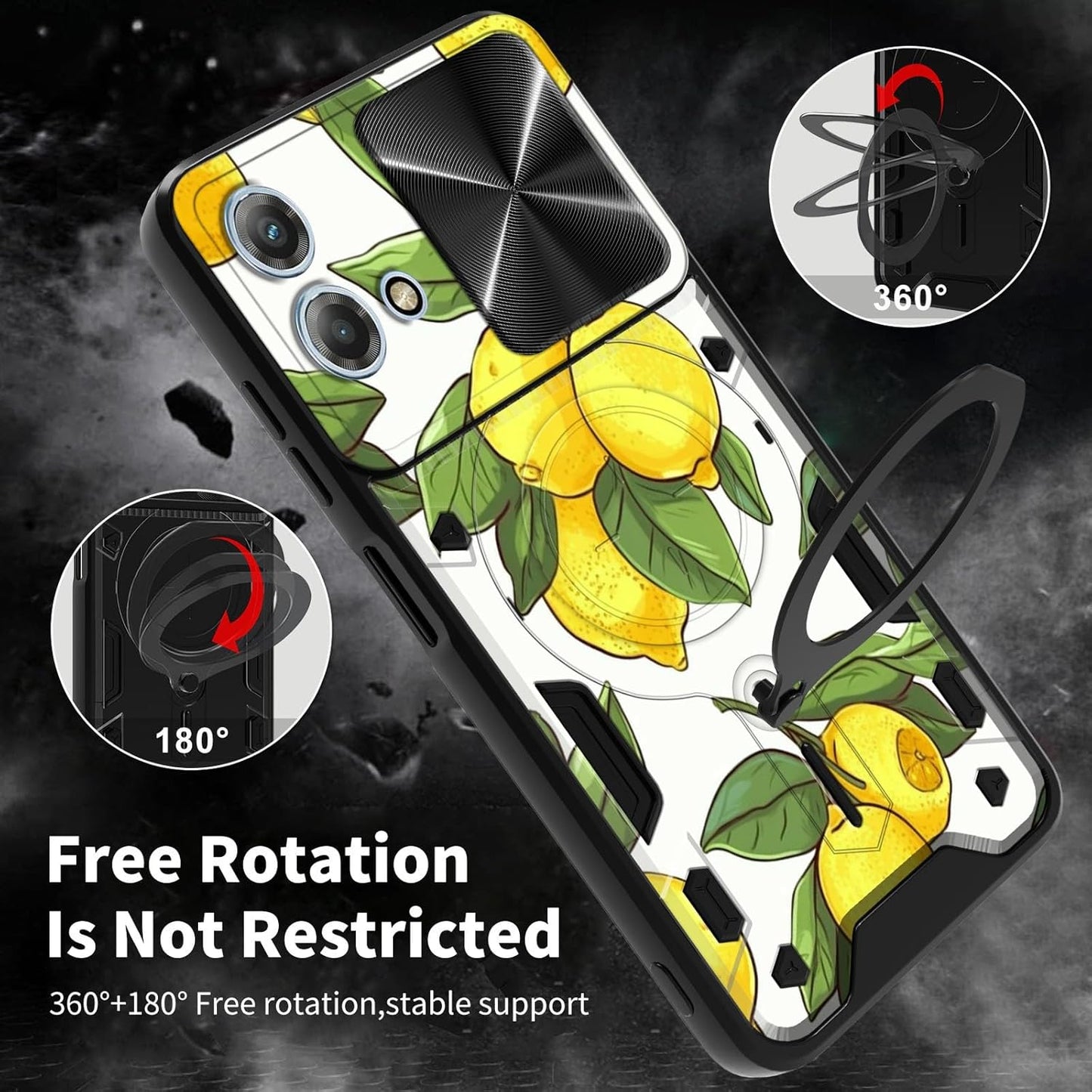 Motorola Moto G Stylus 5G 2023 Case: Slide Camera Lens Cover & 360 Degree Rotate Ring Kickstand - Lemons