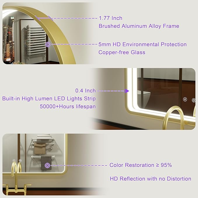 40x30 Inch Arched Gold LED Bathroom Mirror with Lights, Adjustable 3000K/4500K/6000K, Wall Mounted Framed Lighted Bathroom Vanity Mirror, Anti-Fog, Dimmable, Memory Function