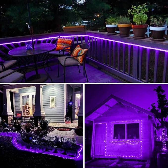 JMEXSUSS 2 Pack Purple Lights Battery Operated Halloween Lights Outdoor Waterproof, Each 33 ft 100 LED Battery Powered Rope Lights, Purple String Light with Remote for Balcony Garden Halloween Decor