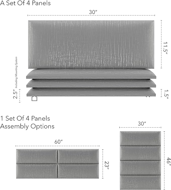 Vänt Upholstered Wall Panels - Queen/Full Size Wall Mounted Headboards - Metallic Silver - Set of 4 Panels (Each Individual Panel 30"x11.5")