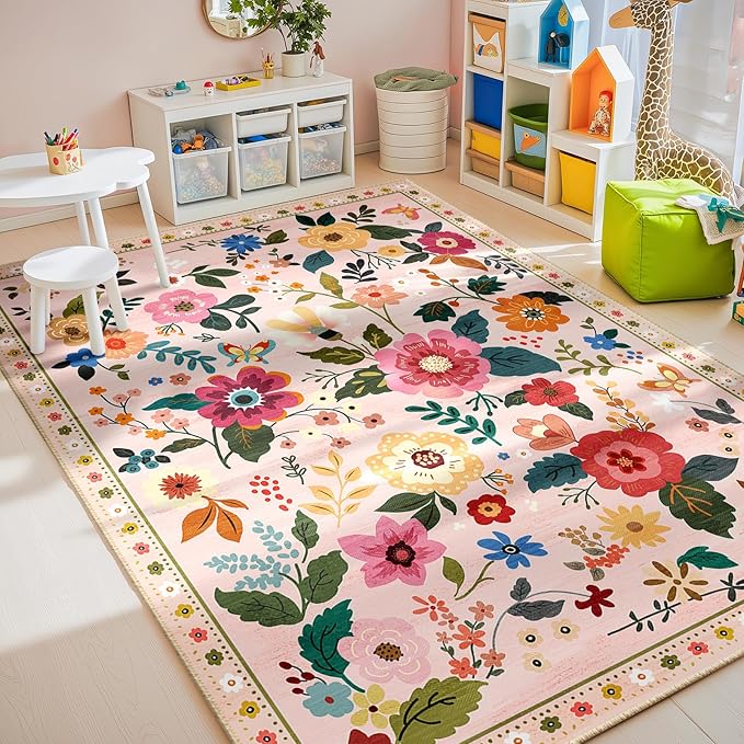 Floral 5x7 Area Rug Machine Washable Soft Print Boho Carpet Non Slip Doormat Low Pile Flower Area Rugs for Living Room Bedroom Nursery Kitchen Dining Room Indoor-Pink
