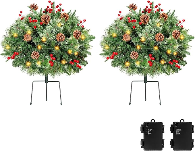 Lewondr Set of 2 Prelit Pathway Christmas Trees, 20.87" Outdoor Christmas Tree with 50 LED Lights, Pine Cones Red Berries, Battery Operated Outdoor Xmas Decor for Yard Home Porch