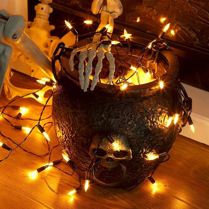 Blissun Halloween Lights, 50-Count Black Wire Light Set, Battery Operated Halloween Mini String Light with 8 Modes, 16 ft Fairy Lights for Halloween Tree Garden Wreath Decorations (2 Pack, Orange)